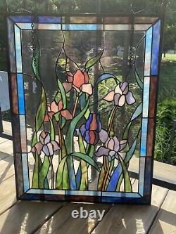 Tiffany Style Stained Glass Iris Window Panel Floral 18x24 Blue Purple