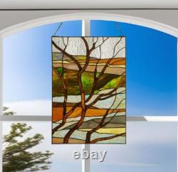 Tiffany Style Stained Glass Panel of Fall Treescape Suncatcher 14x20in