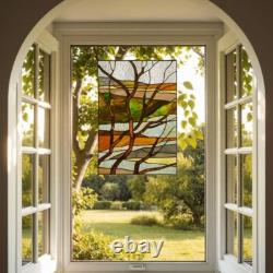Tiffany Style Stained Glass Panel of Fall Treescape Suncatcher 14x20in