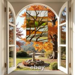 Tiffany Style Stained Glass Panel of Fall Treescape Suncatcher 14x20in