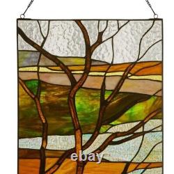 Tiffany Style Stained Glass Panel of Fall Treescape Suncatcher 14x20in