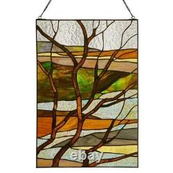 Tiffany Style Stained Glass Panel of Fall Treescape Suncatcher 14x20in