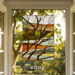 Tiffany Style Stained Glass Panel of Fall Treescape Suncatcher 14x20in