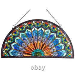 Tiffany-Style Stained Glass Peacock Feather Window Panel Suncatcher, 35 x 18