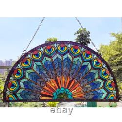 Tiffany-Style Stained Glass Peacock Feather Window Panel Suncatcher, 35 x 18