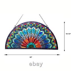 Tiffany-Style Stained Glass Peacock Feather Window Panel Suncatcher, 35 x 18