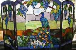Tiffany Style Stained Glass Peacock Fireplace Screen, 27.25H x 36W, 3 Panel