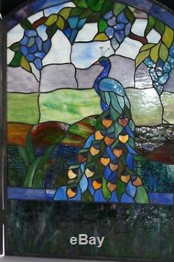 Tiffany Style Stained Glass Peacock Fireplace Screen, 27.25H x 36W, 3 Panel
