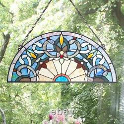 Tiffany Style Stained Glass Semi Circle Blue Hues Window Panel Suncatcher