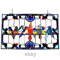 Tiffany Style Stained Glass Sun Catcher Window Panel Birds on Perch 20 x 32 inch