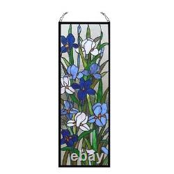Tiffany Style Stained Glass Window Panel 11.5 X 31.5 Handcrafted Iris Floral
