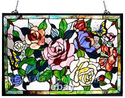 Tiffany Style Stained Glass Window Panel 27 x 19 Butterfly & Roses Floral