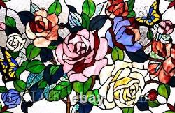 Tiffany Style Stained Glass Window Panel 27 x 19 Butterfly & Roses Floral