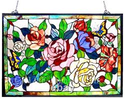 Tiffany Style Stained Glass Window Panel 27 x 19 Butterfly & Roses Floral