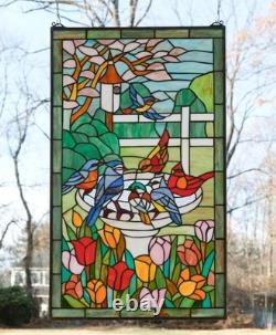Tiffany Style Stained Glass Window Panel Bird Bath With Flowers, 20 x 33.75 HF