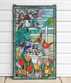 Tiffany Style Stained Glass Window Panel Bird Bath With Flowers, 20 x 33.75 HF