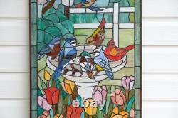 Tiffany Style Stained Glass Window Panel Bird Bath With Flowers, 20 x 33.75 HF