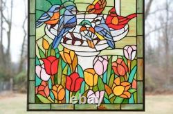 Tiffany Style Stained Glass Window Panel Bird Bath With Flowers, 20 x 33.75 HF