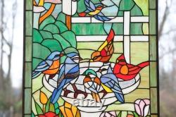 Tiffany Style Stained Glass Window Panel Bird Bath With Flowers, 20 x 33.75 HF