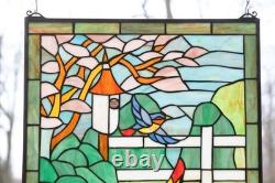 Tiffany Style Stained Glass Window Panel Bird Bath With Flowers, 20 x 33.75 HF