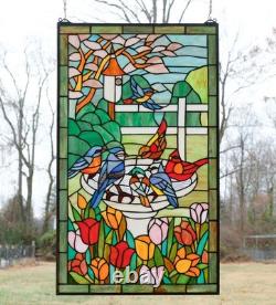 Tiffany Style Stained Glass Window Panel Bird Bath With Flowers, 20 x 33.75 HF