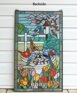 Tiffany Style Stained Glass Window Panel Bird Bath With Flowers, 20 x 33.75 HF
