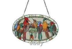 Tiffany Style Stained Glass Window Panel Cardinal and Flock of Birds