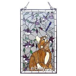 Tiffany Style Stained Glass Window Panel Cat & Dragonfly LAST ONE THIS PRICE