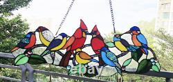 Tiffany Style Stained Glass Window Panel Colorful Flock of Birds with Cardinals