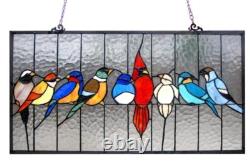 Tiffany Style Stained Glass Window Panel Festival Flock of Birds with a Cardinal