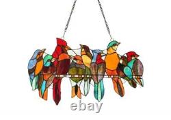 Tiffany Style Stained Glass Window Panel Festival Flock of Birds with a Cardinal