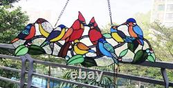 Tiffany Style Stained Glass Window Panel Flock of Birds with a pair of Cardinals