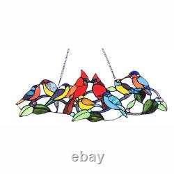 Tiffany Style Stained Glass Window Panel Flock of Birds with a pair of Cardinals