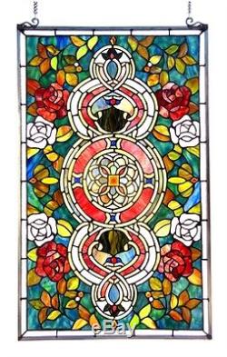 Tiffany Style Stained Glass Window Panel Floral Medallion Design 20 W X 32 L