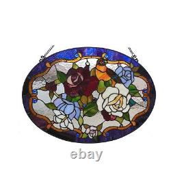 Tiffany Style Stained Glass Window Panel Handcrafted 24 Bird & Roses Floral