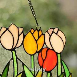 Tiffany Style Stained Glass Window Panel Multi-Color Tulip Floral ONE THIS PRICE