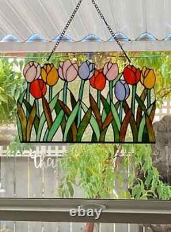 Tiffany Style Stained Glass Window Panel Multi-Color Tulip Floral ONE THIS PRICE
