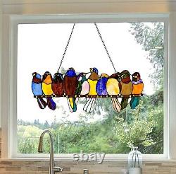 Tiffany Style Stained Glass Window Panel Perched Birds Kitchen Suncatcher 9.5x24