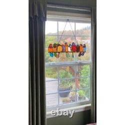 Tiffany Style Stained Glass Window Panel Perched Birds Kitchen Suncatcher 9.5x24