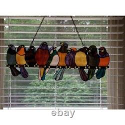 Tiffany Style Stained Glass Window Panel Perched Birds Kitchen Suncatcher 9.5x24