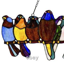 Tiffany Style Stained Glass Window Panel Perched Birds Kitchen Suncatcher 9.5x24