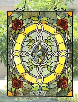 Tiffany Style Stained Glass Window Panel Rose Flower Floral Design 25H