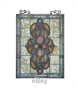 Tiffany Style Stained Glass Window Panel Victorian Medallion Design 18 x 25