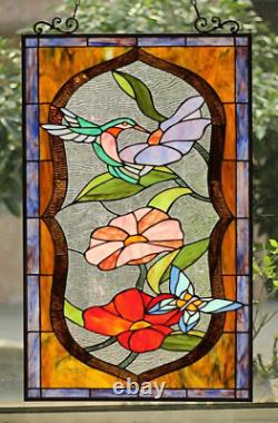 Tiffany Style Stained Glass Window Panel With Hummingbird Butterfly Floral Poppy