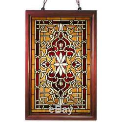 Tiffany Style Stained Glass Window Panel with Wood Frame