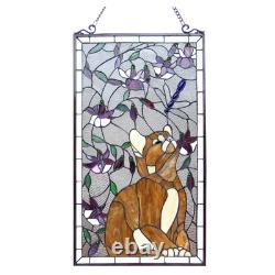 Tiffany Style Stained Glass Window Panels Cat & Dragonfly MATCHING PAIR 18x31