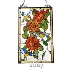 Tiffany Style Sunflowers & Hummingbirds Stained Glass window Panel 33x19.9