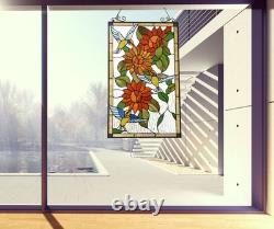 Tiffany Style Sunflowers & Hummingbirds Stained Glass window Panel 33x19.9