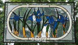Tiffany Style stained glass Beveled Iris Flowers window panel 34.75 x 20.5