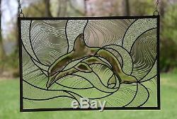 Tiffany Style stained glass Clear Beveled Dolphin window panel, 24.25 x 16.5